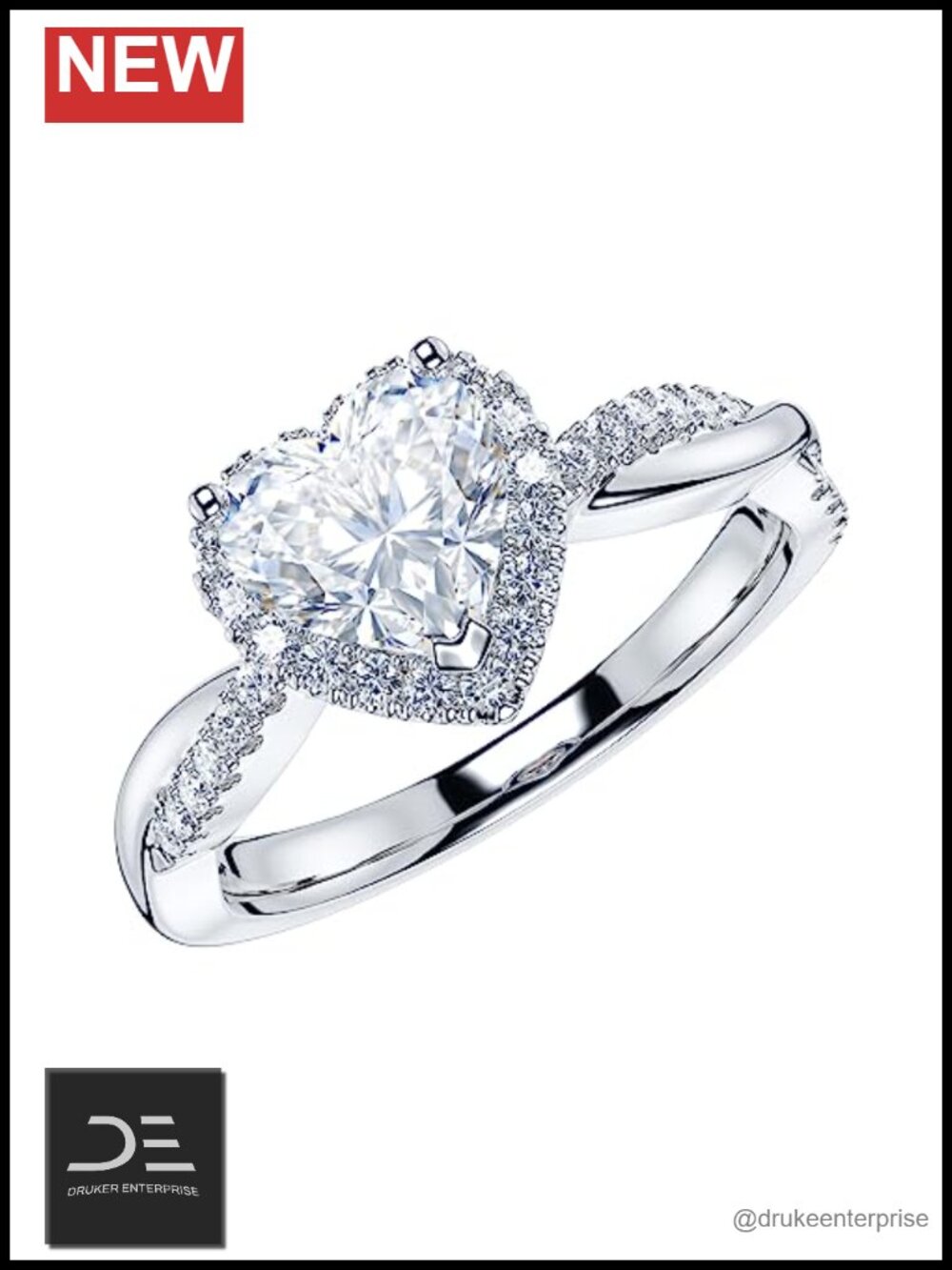 Sterling Silver Moissanite Heart Halo Promise Engagement Ring 925